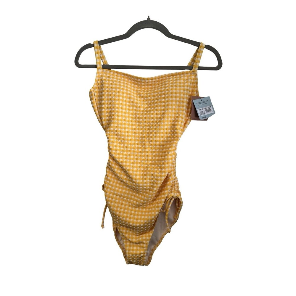 Shade & Shore Women’s Striped One-Piece Swimsuit • Yellow & White • Size M (8–10